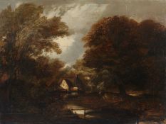 English School (19th Century) River Scene with Cottage oil on canvas 46 x 60cm (18 x 24in) unframed