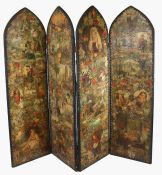 Victorian decoupage four fold dressing screen, of arched form, decorated with any Victorian and