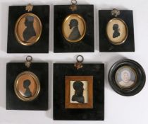 Five framed silhouettes and a framed portrait of a child, the largest 12.5cm wide, 14cm high (6)