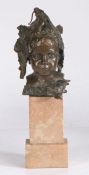 Bronze bust depicting a young girl with stylised leaves in her hair, on a marble plinth base, 34cm