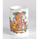 18th century Bohemian milk glass mug, painted with a scene of lady and gentleman fishing at the side