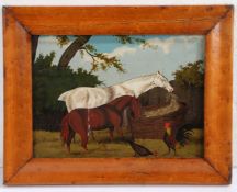 English School (18/19th Century) Horses with Chickens oil on panel. 16 x 22cm (6'' x 9'')
