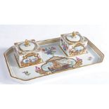 Dresden porcelain inkwell, with square twin inkwells, the stand and inkwell with hand painted boats,