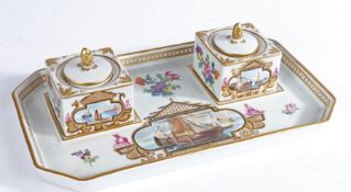 Dresden porcelain inkwell, with square twin inkwells, the stand and inkwell with hand painted boats,