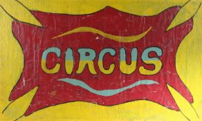 Handpainted circus advertising canvas, circa 1960, the yellow ground with red cartouche containing