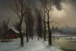 Nils Hans Christiansen, RAC,  (Danish, 1850-1922) Winter Scene with Figures signed (lower left), oil