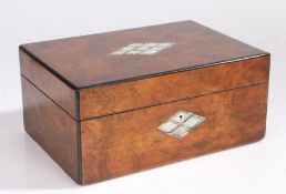 A 19th century walnut sewing box, the top inlaid with mother of pearl and abalone in the form of a