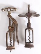 Two 19th century corkscrews of interesting design, one with lever mechanism, the other with screw