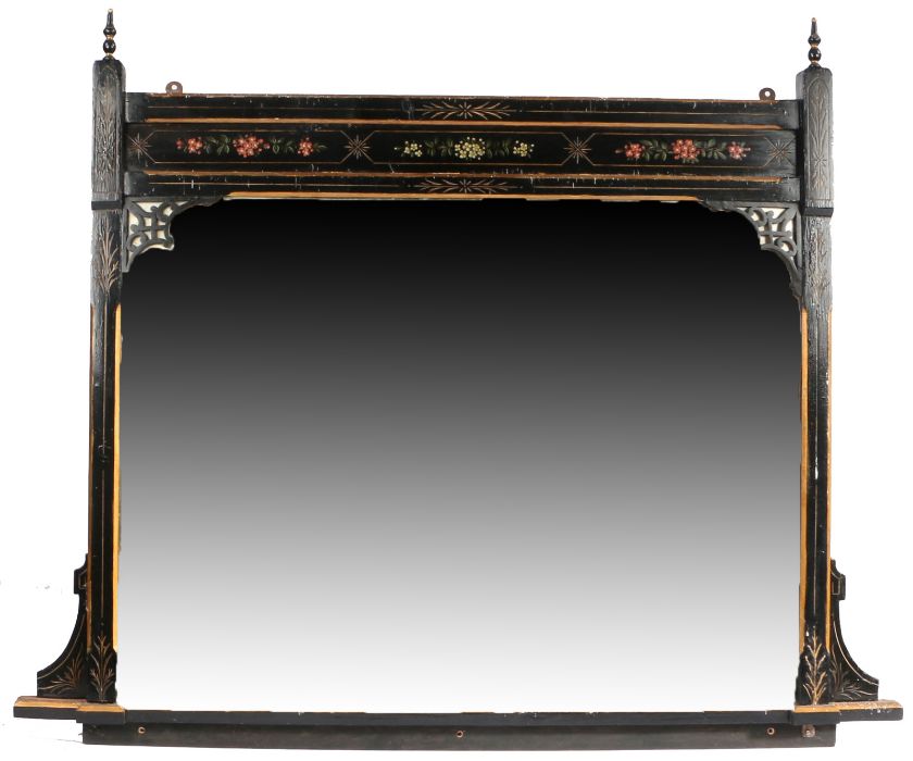 Late 19th century ebonised overmantel mirror, in the manner of the Aesthetic Movement, the central