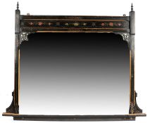 Late 19th century ebonised overmantel mirror, in the manner of the Aesthetic Movement, the central