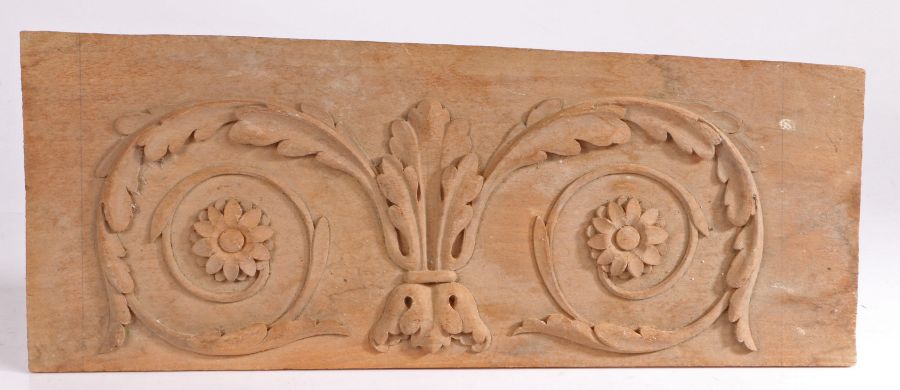 Oak panel with carved acanthus leaf and foliate decoration, 44cm wide, 18cm high