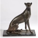 20th Century bronze leopard, modelled in a seated position, on a black veined marble base, 37cm