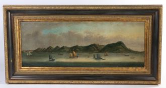 Oil on canvas depicting sailing vessels off a mountainous coastline, housed in a gilt frame, the oil