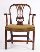 George III mahogany armchair, the arched cresting rail with pierced vase shaped splat, shaped arms