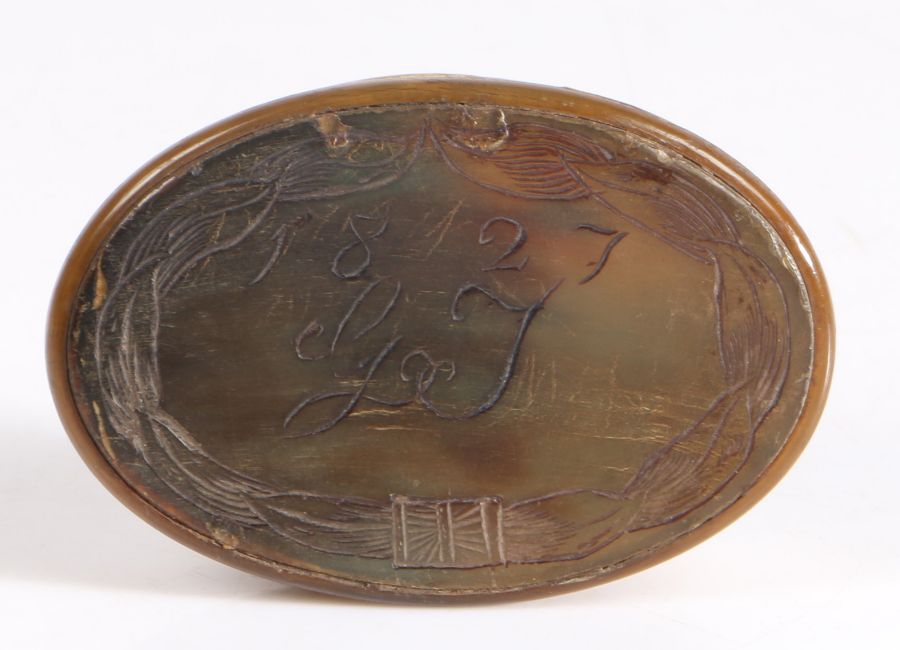 19th Century horn snuff box, of oval form, the lid initialled GJ and dated 1827, 8cm wide - Image 2 of 2