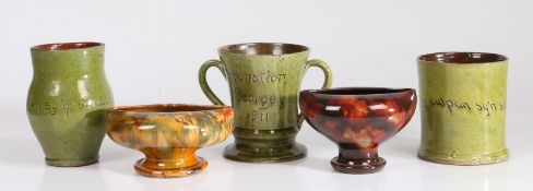 Collection of five pieces of Welsh Ewenny pottery, to include King George V coronation twin