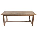 19th Century French oak farmhouse style table, the thick plank top raised on chamfered legs and H