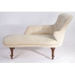 Victorian mahogany and upholstered chaise long, with cream upholstery and a buttoned back raised