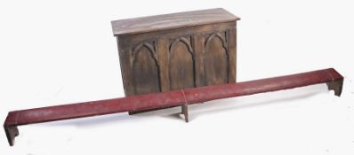 Gothic style oak prayer box, with arced panelled sides,107cm wide, 44cm deep, 76.5cm high,
