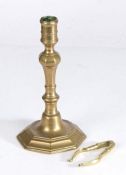 18th Century bronze candlestick, of octagonal form with tapering stem and flared foot, together with