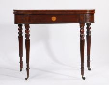 Regency mahogany card table, the D shaped fold-over top opening to reveal a green baize lined