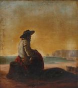 English School (19th Century) Coastal Scene with Lady seated on a Basket oil on canvas 31 x 28cm (