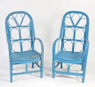 Pair of 1920's blue painted garden chairs, with curved back rest and slatted seats, 105cm high (2)