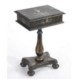 Victorian black lacquer, gilt scroll and mother of pearl inlaid vanity table, the hinged lid opening