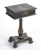 Victorian black lacquer, gilt scroll and mother of pearl inlaid vanity table, the hinged lid opening