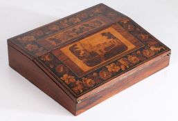 Victorian Tunbridge ware writing slope, the slope inlaid with a depiction of a castle and surrounded