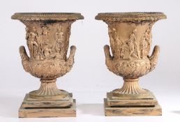 Pair of campagna urn form uplighters, with classical figure decoration, 23cm diameter, 31cm high