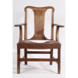 George III mahogany armchair, the arched cresting rail above a flattened splat back and scrolled