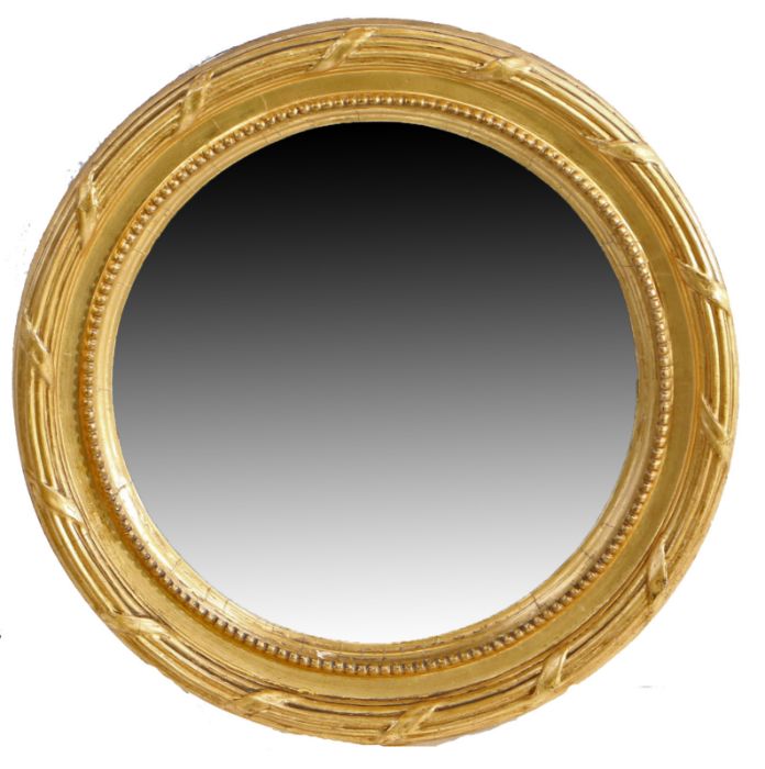 19th century gilt convex wall mirror, with reeded and beaded border, baring label to verso 'E.B.