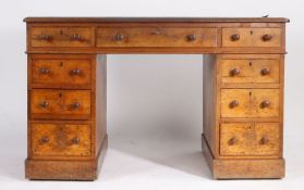 Victorian oak twin pedestal desk, with black inset top, three frieze drawers ad three drawers too