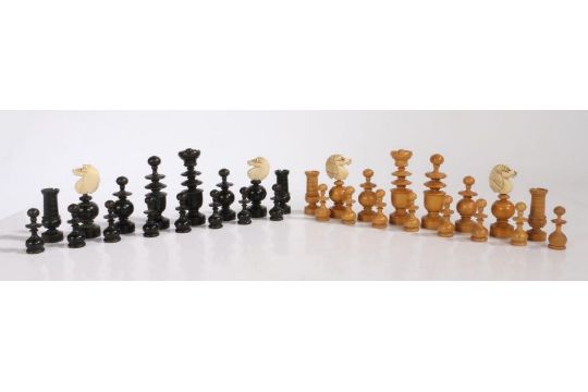 A Regence pattern chess set, French late 19th century, turned boxwood and ebony pieces with carved - Image 3 of 4