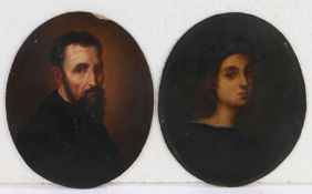 After The Old  Master (19th Century) Portraits of Raphael and Michelangelo pair of oils on board (