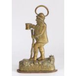 19th Century brass doorstop modelled as a beggar holding a cup and walking stick, 33.5cm high,