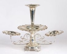 Edwardian silver plated epergne, the central tapering vase with dished lower section and flanked