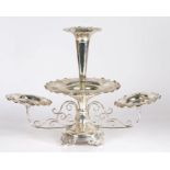 Edwardian silver plated epergne, the central tapering vase with dished lower section and flanked