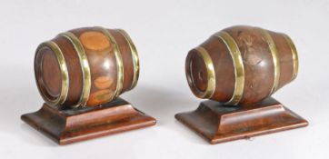 Pair 19th Century lignum vitae barrels for string and sealing wax, the first barrel with central