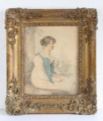 Early 19th Century watercolour and pencil portrait, Mrs Wells by C.H. Wells, housed in a gilt and
