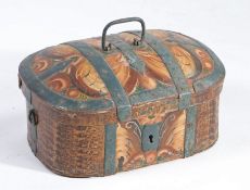 19th century Swedish painted pine and metal bound box, the hinged lid with carrying handle and metal