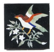 19th Century pietra dura paperweight, the inlay depicting a bird on a flowering branch, 10cm wide,