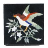 19th Century pietra dura paperweight, the inlay depicting a bird on a flowering branch, 10cm wide,