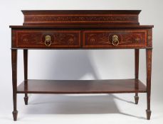 Edwardian mahogany and marquetry two tier buffet, the galleried top above two drawers with lion mask