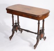 Victorian walnut and Tunbridge ware inlaid card table, the folding top opening to reveal a red baize