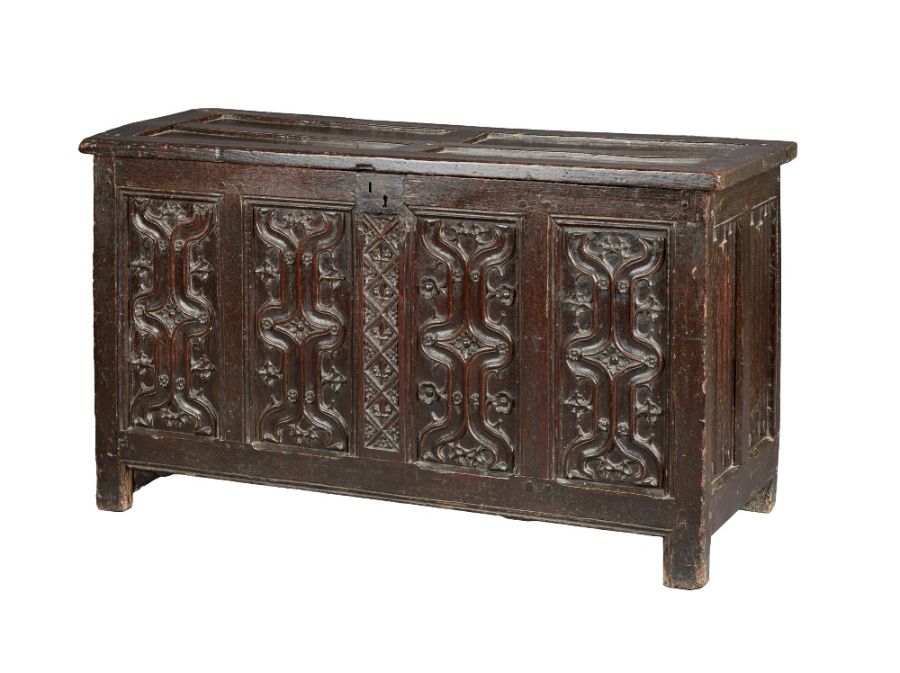 A fine and extremely rare Henry VIII oak parchemin-carved coffer, circa 1530 The hinged lid with - Image 3 of 7