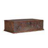 An impressive, large, Elizabeth I oak boarded box, Exeter, circa 1580  The hinged top with ovolo-