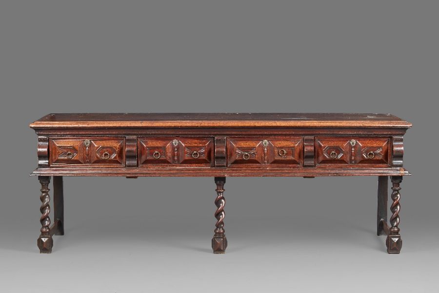 An impressive Charles II oak low dresser, Cheshire/South Lancashire, circa 1660-70 The boarded top - Image 6 of 9