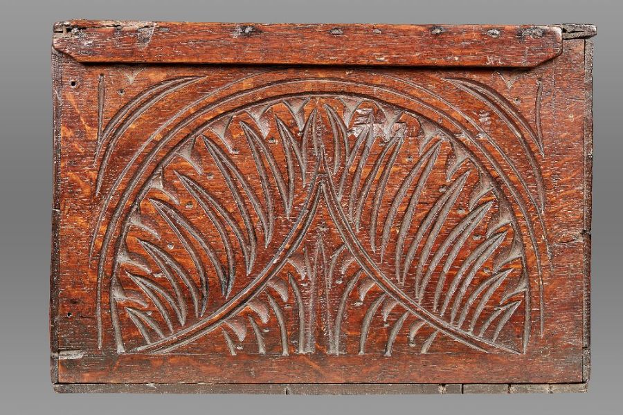A Charles I boarded oak box, Gloucestershire, dated 1637 The hinged lid with simple slender edge- - Image 22 of 23